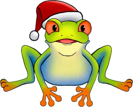The ecoconnect cartoon frog mascot in a Santa hat