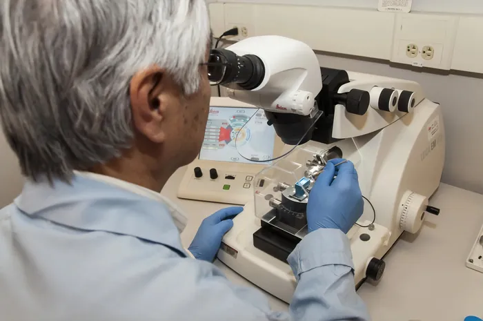 A scientist examining a sample under a microscope